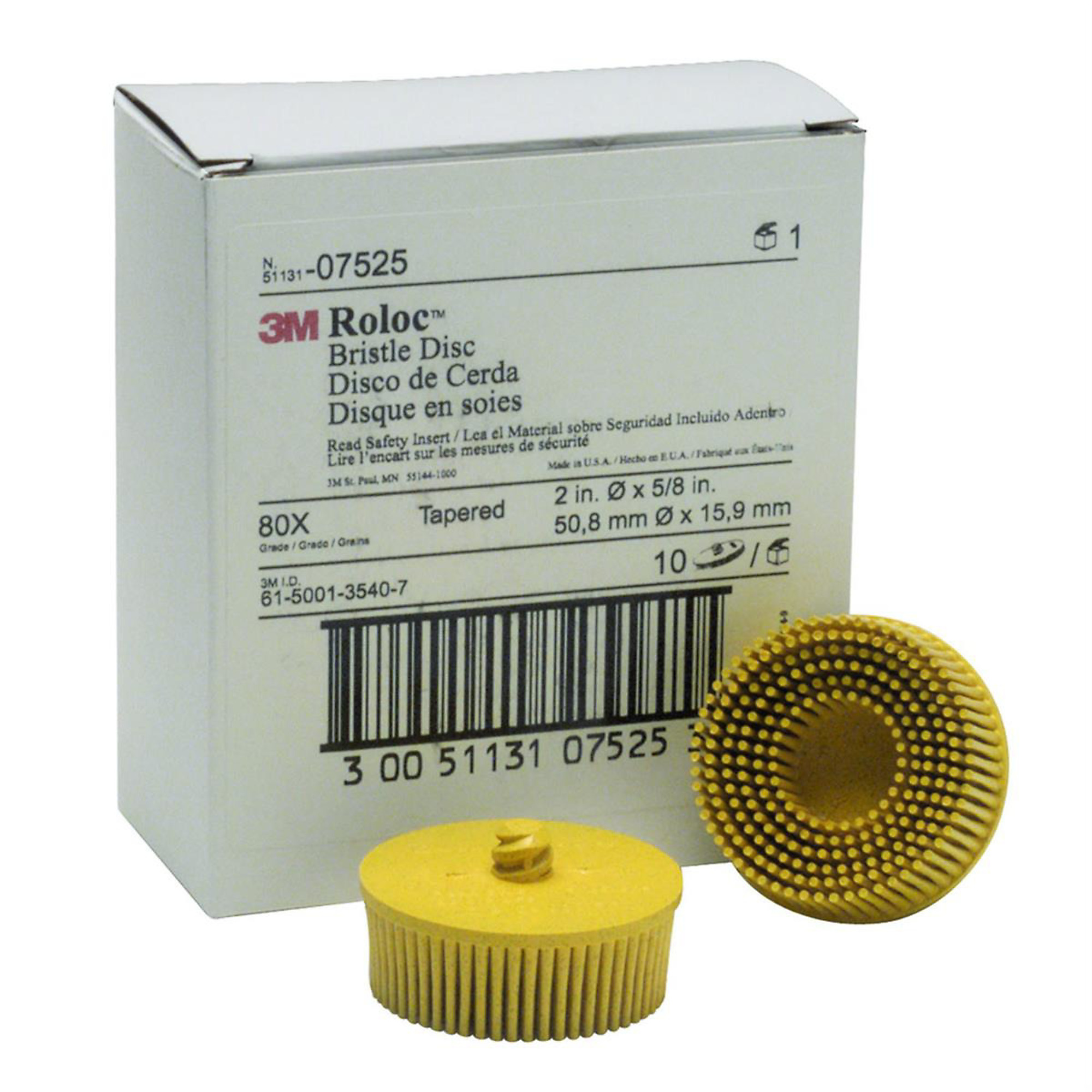 3M Scotch-Brite Roloc Bristle Disc — 2in. x 5/8in., 80 Grit, Tapered, Yellow, Model# MMM7525